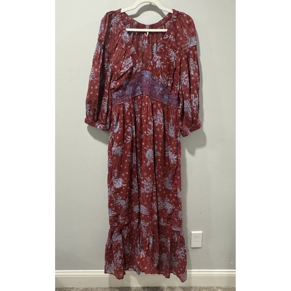 Free People Golden Hour Maxi Dress Lg Dark Wine Red Floral Boho Hippie V-neck - Picture 4 of 9